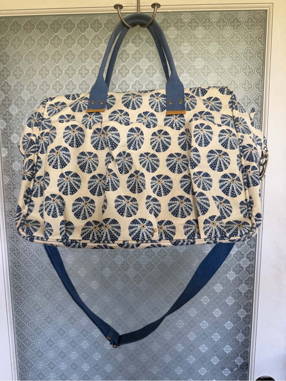 Blue and White Patterned Canvas Weekend Bag